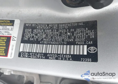 2013 Toyota Camry Hybrid/Le/Xle из США, поврежденный, VIN 4T1BD1FK8DU077110